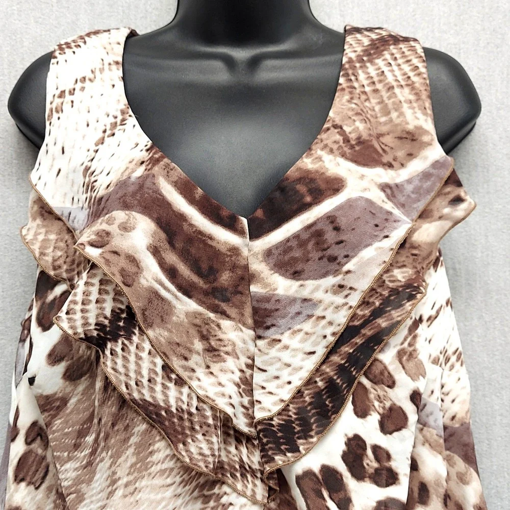 Dressbarn Animal Print Midi Dress 16 Asymmetric Hem Brown Resort Flowy Vacation